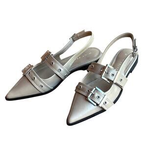 Mint Velvet Taupe Leather Pointed Toe Slingback Flats w Double Buckles size 6